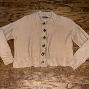 Quince Cropped Crewneck Button-Front Cardigan in Light Beige